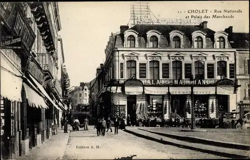 Ak Cholet Maine et Loire, Rue Nationale et Palais des Marchands