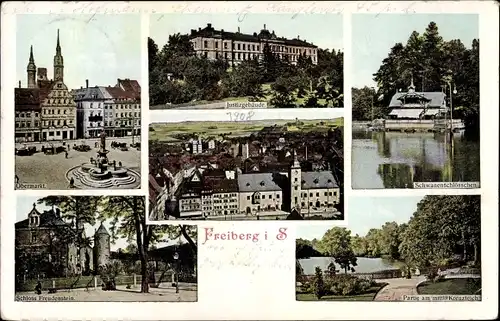 Ak Freiberg in Sachsen, Schloss Freudenstein, Obermarkt, Schwanenschlößchen