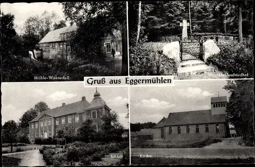 Ak Eggermühlen in Niedersachsen, Mühle Wasserfall, Heldenfriedhof, Schloss, Kirche