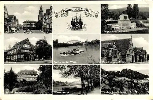 Ak Rinteln an der Weser, Dingelstedt-Denkmal, Museum, Partie an der Weser, Schloss Arensburg