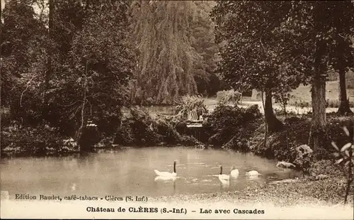 Ak Cleres Seine Maritime, Chateau, Lac avec Cascades