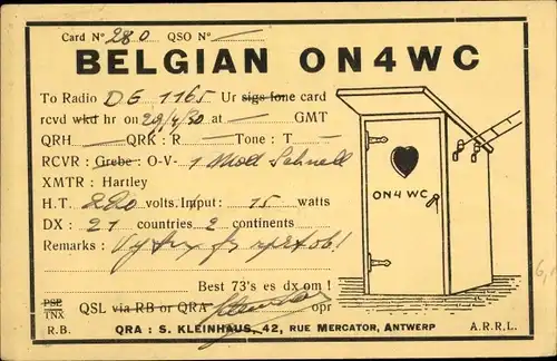 Ak QSL Karte, Funkerkarte, Belgian ON4WC, S. Kleinhaus, Antwerpen