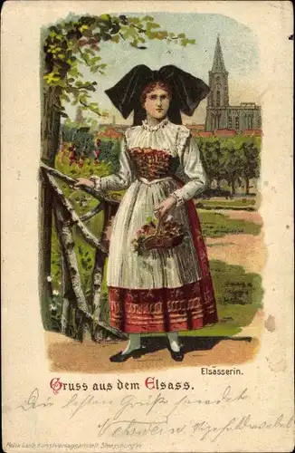 Litho Elsass, Elsässerin in Tracht