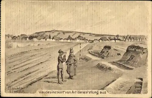 Künstler Ak Schittenhelm, Vaudesincourt Marne von Artilleriestellung aus, Feldpoststempel