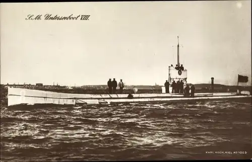 Ak Deutsches U-Boot SM U 8, Kaiserliche Marine, Turm mit Besatzung, Germaniawerft