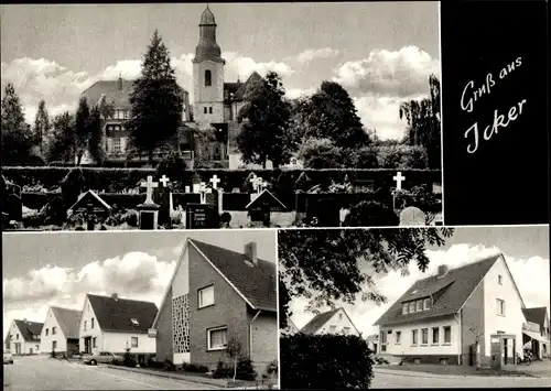 Ak Icker Belm Niedersachsen, Ortsansichten, Kirche, Friedhof