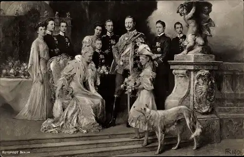 Künstler Ak Keller, F., Kaiser Wilhelm II. von Preußen, Kaiserin Auguste Viktoria, Kinder, Windhund