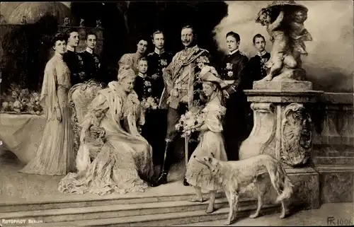 Künstler Ak Keller, F., Kaiser Wilhelm II. von Preußen, Kaiserin Auguste Viktoria, Kinder, Windhund