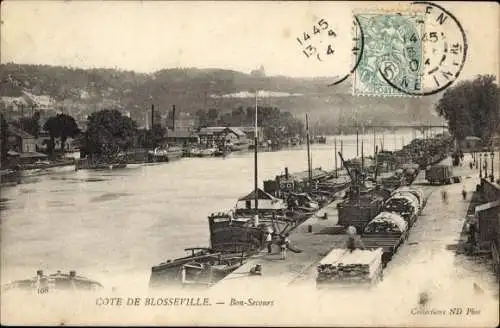 Ak Bonsecours Seine Maritime, Blick auf den Ort, Hafen