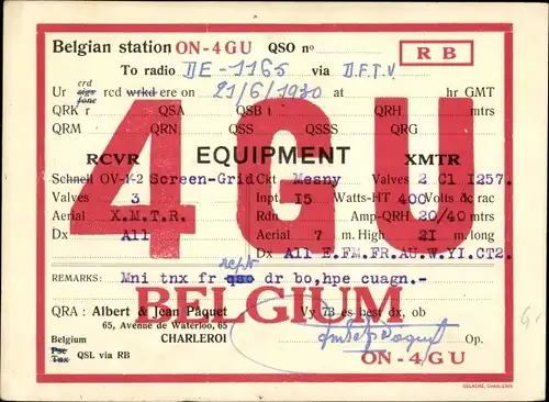 Ak QSL Karte, Funkerkarte ON4GU, Albert & Jean Paquet, Charleroi Belgien