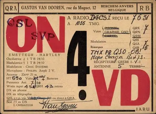 Ak QSL Karte, Funkerkarte ON4VD, Gaston van Dooren, Berchem Anvers Belgique