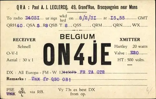 Ak QSL Karte, Funkerkarte ON4JE, Paul A. J. Leclercq, Bracquegnies Belgien