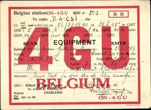 Ak QSL Karte, Funkerkarte ON4GU, Albert & Jean Paquet, Charleroi Belgien