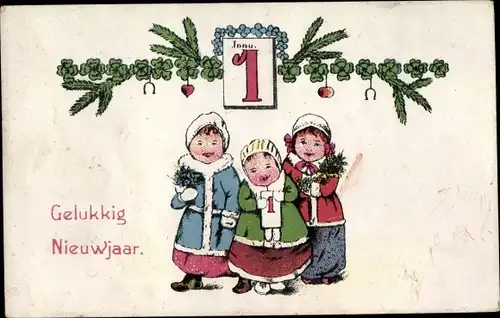 Ak Glückwunsch Neujahr, Kinder mit Kalender, Glücksklee, Hufeisen, Äpfel