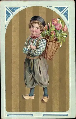 Präge Ak Junge in niederländischer Tracht mit Korb voller Tulpen