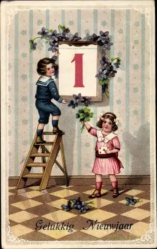 Präge Ak Glückwunsch Neujahr, Kinder hängen einen Kalender an die Wand