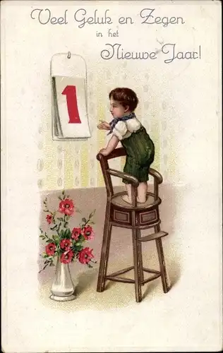 Präge Ak Glückwunsch Neujahr, Junge, Hocker, Kalender und Blumen