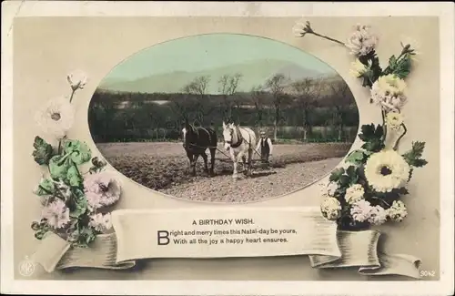 Ak Glückwunsch Geburtstag, Ackerarbeit, Blumen