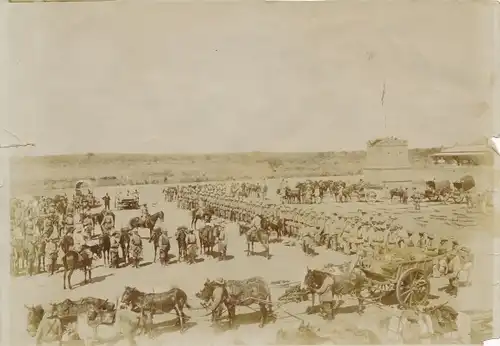 Foto DSW Afrika Namibia, ca 1900 - 1904, Mitglieder der Kolonialen Schutztruppe, Aufstellung, Karren