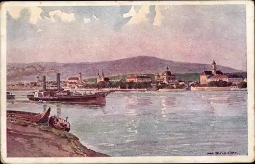 Künstler Ak Schmidt, Vácz Vác Ungarn, Blick auf den Ort, Donaudampfer