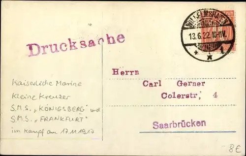 Ak Deutsche Kriegsschiffe, SMS Königsberg und Frankfurt, Kleine Kreuzer, Gefecht 1917