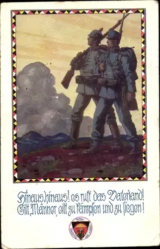 Künstler Ak Deutscher und KuK Soldat, Hinaus es ruft das Vaterland, Deutscher Schulverein 664