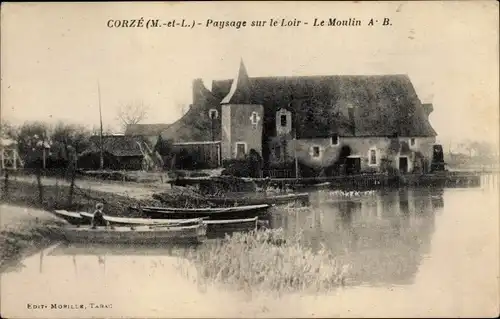 Ak Corzé Maine et Loire, Paysage sur le Loir, Le Moulin