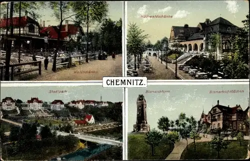 Ak Chemnitz in Sachsen, Waldschänke, Küchwaldschänke, Stadtpark, Bismarckturm