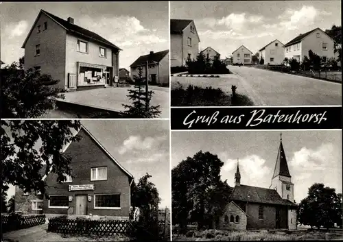 Ak Batenhorst Rheda Wiedenbrück in Westfalen, Lebensmittelhandlung, Kirche, Straßenpartie