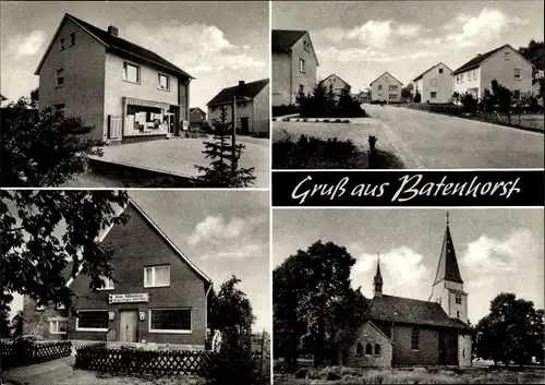 Ak Batenhorst Rheda Wiedenbrück in Westfalen, Lebensmittelhandlung, Kirche, Straßenpartie