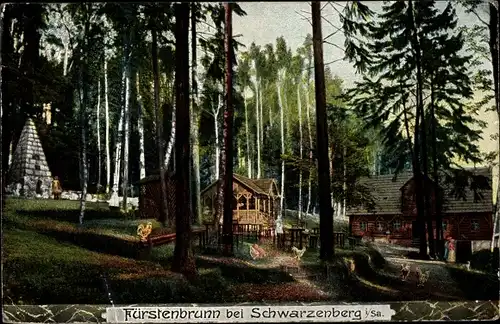 Ak Waschleithe Grünhain Beierfeld in Sachsen, Köhlerhütte Fürstenbrunn, Denkmal Prinzenraub