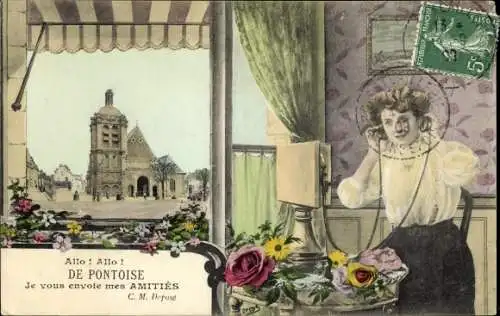 Ak Pontoise Val d'Oise, Je vous envoie mes Amities, Frau am Telefonieren