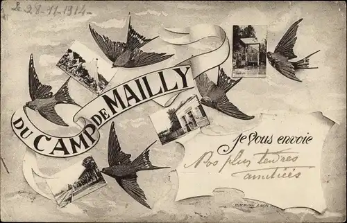 Passepartout Ak Mailly le Camp Aube, Ortsansichten, Vögel