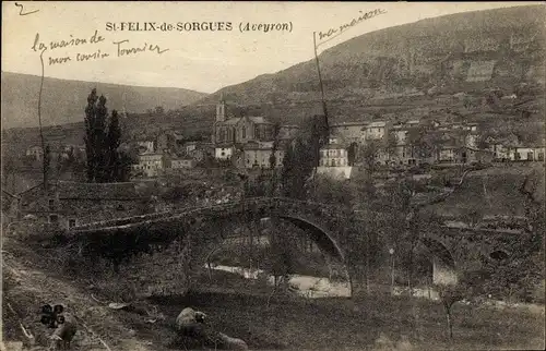 Ak Saint Félix de Sorgues Aveyron, Teilansicht mit Brücke