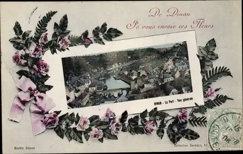Passepartout Ak Dinan Côtes-d’Armor, Gesamtansicht mit Hafen, Blumen