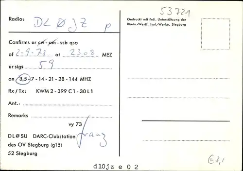 Künstler Ak Siegburg im Rhein Sieg Kreis, QSL Karte, Funkerkarte, DL0SU, DARC Clubstation