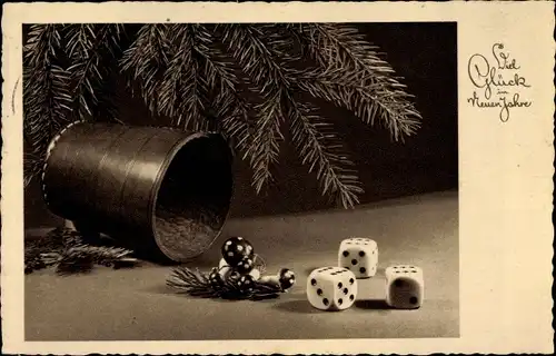 Ak Glückwunsch Neujahr, Würfelbecher, Fliegenpilze