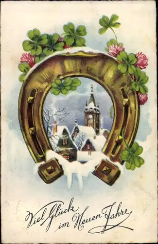 Ak Glückwunsch Neujahr, Hufeisen, Kleeblätter, verschneites Dorf