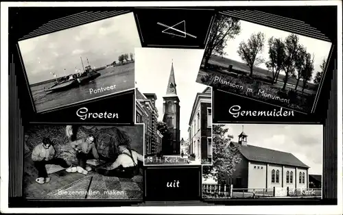 Ak Genemuiden Overijssel, N. H. Kerk met Pastorie, Geref. Kerk, Pontveer, Biezenmatten maken