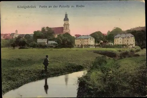 Ak Königsbrück in der Oberlausitz, Pulsnitzpartie, Kirche