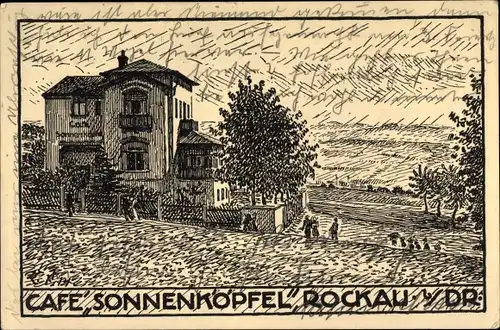 Künstler Ak Dresden Schönfeld Weißig Rockau, Cafe Sonnenköpfel