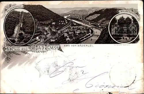 Litho Bad Ems an der Lahn, Panorama von der Bäderlei, Malbergbahn, Malberghotel