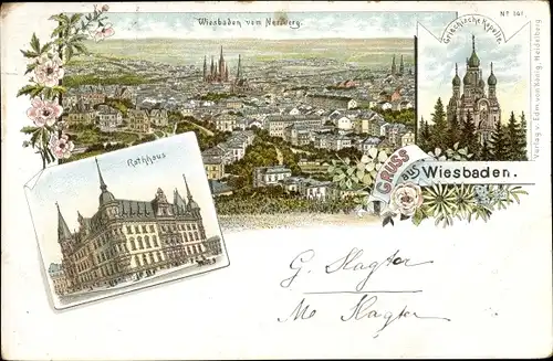 Litho Wiesbaden in Hessen, Rathaus, Panorama vom Neroberg, Griechische Kapelle