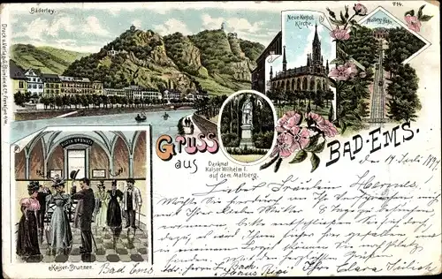 Litho Bad Ems an der Lahn, Bäderley, Kaiserbrunnen, Kirche, Denkmal, Malbergbahn