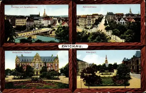 Ak Zwickau in Sachsen, Paradiesbrücke, Bahnhofstraße, Kaiserl Postamt, Albertplatz