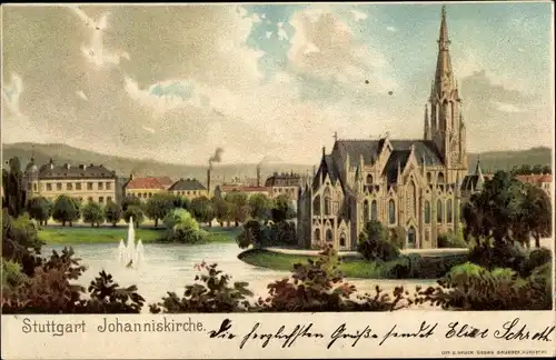 Litho Stuttgart am Neckar, Johanniskirche, Stadt