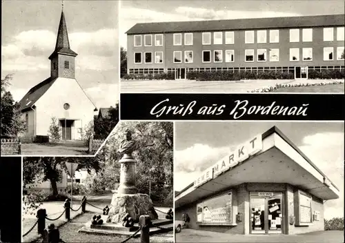 Ak Bordenau Neustadt am Rübenberge, Kirche, Gebäude, Rewe Markt, Denkmal
