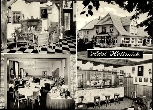Ak Malgarten Bramsche in Niedersachsen, Hotel Hellmich, Aussen- und Innenansicht