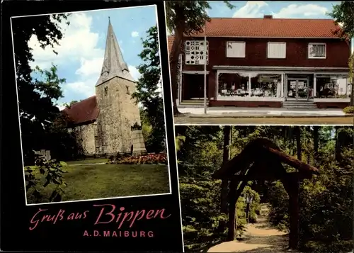 Ak Bippen Niedersachsen, Kirche, Geschäft, Waldpartie