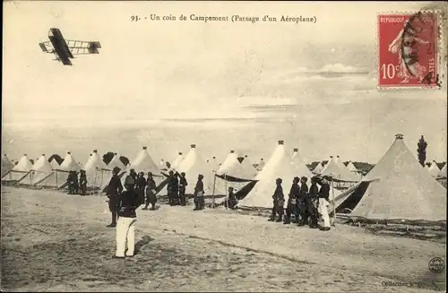 Ak Mailly le Camp Aube, Un coin de Campement, Passage d'un Aeroplane